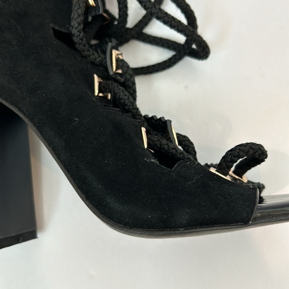 KAT MACONIE Betsy Suede Black Sandals Gold Heels Lace Up women’s size 5.5 - Picture 14 of 16